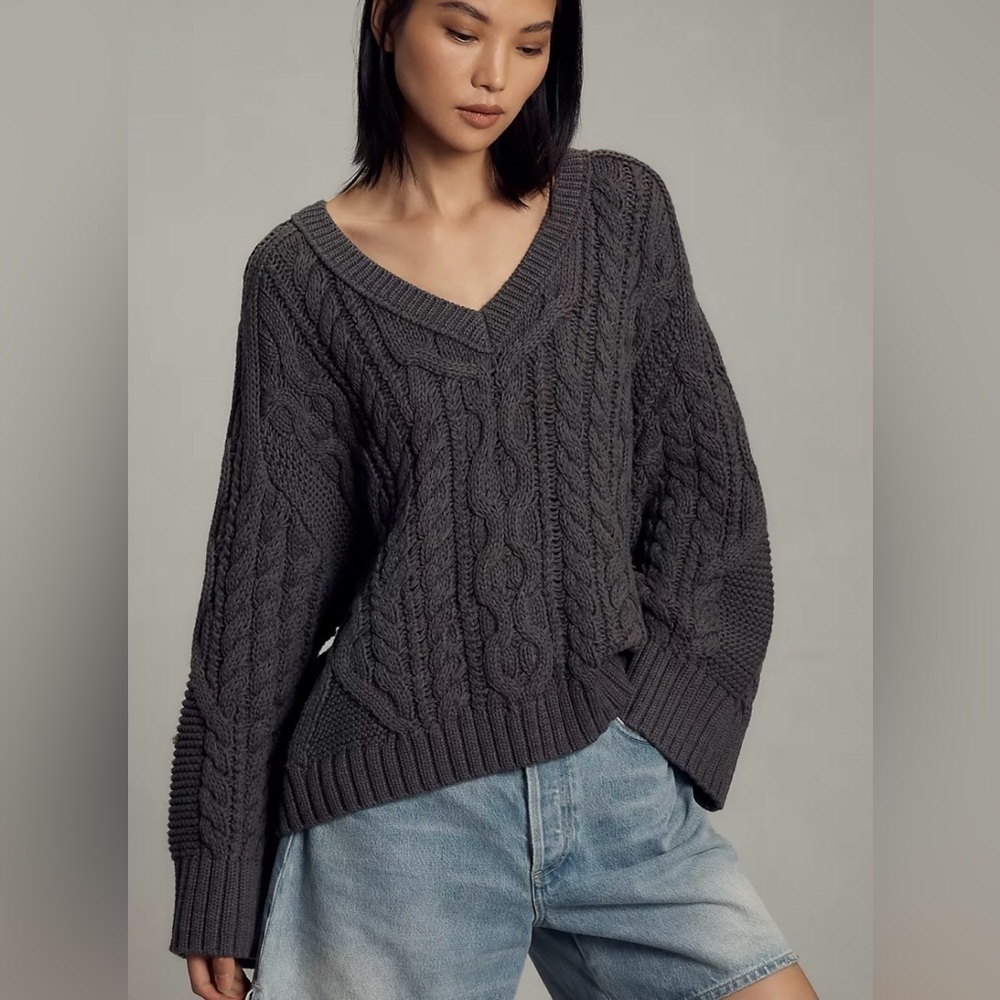 NEW with Tags (NWT) Anthropologie Gray Maeve Wide-Sleeve Cable-Knit Sweat…